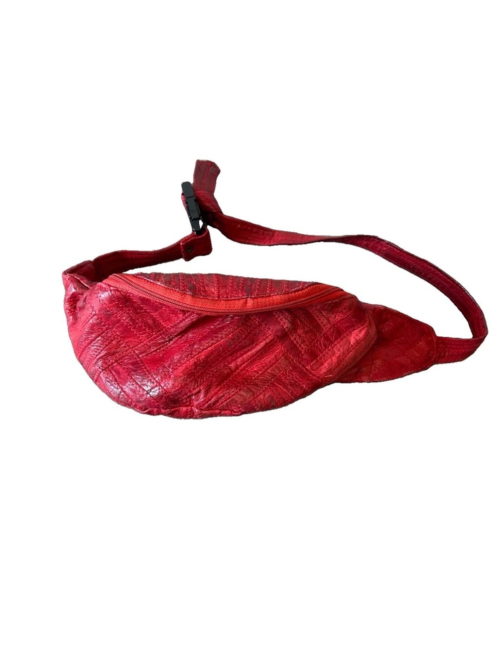 Vintage 90s Red Leather Patchwork Fanny Pack Waist Belt Bag Boho Distressed